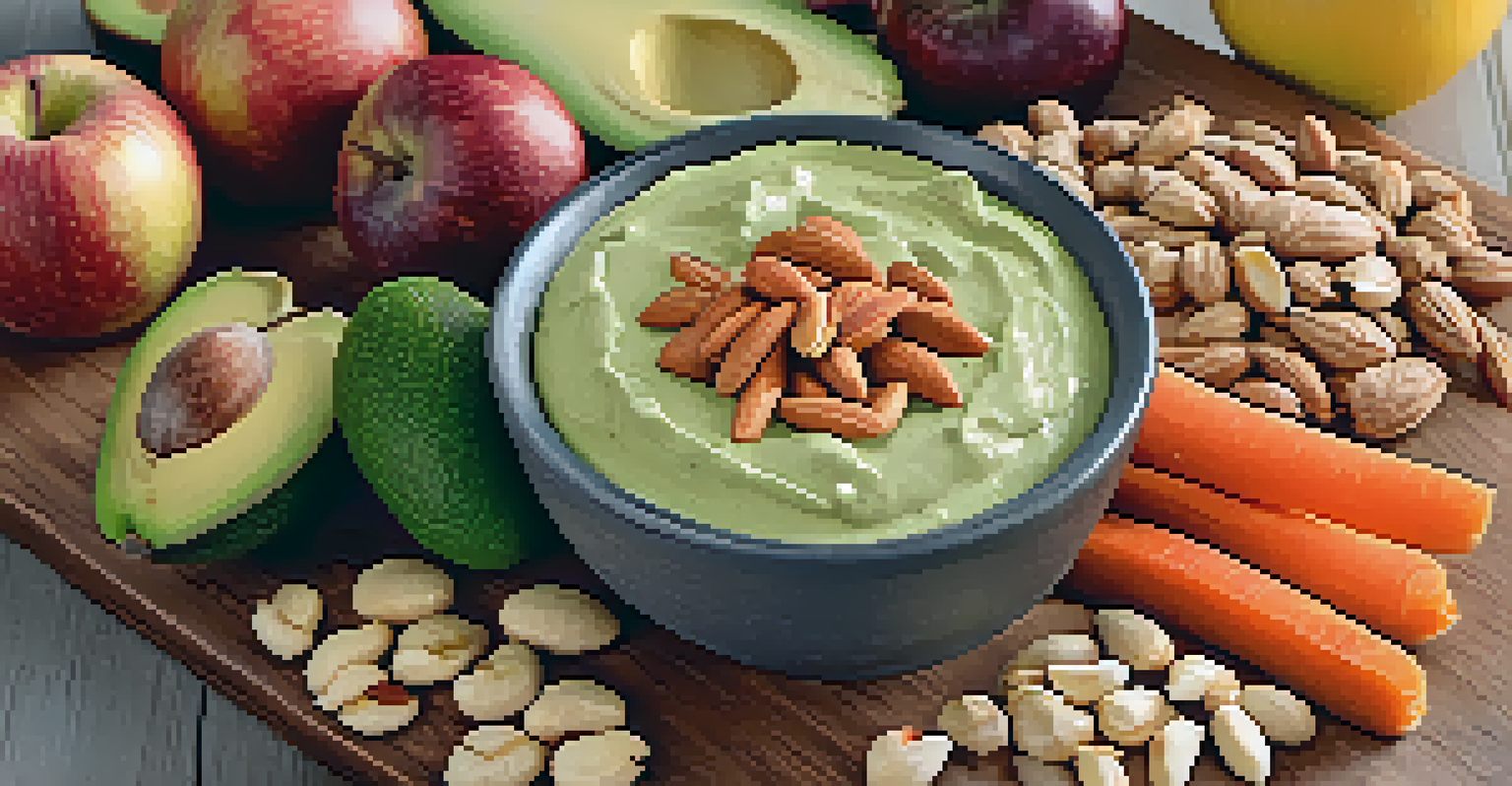 A wooden board with an artistic arrangement of raw nuts, seeds, carrot sticks, apple slices, and a bowl of creamy avocado dip, all under warm natural lighting.