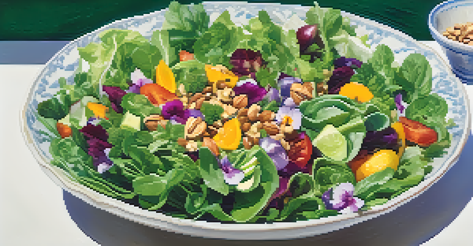 A beautifully arranged salad with greens, nuts, and vegetables in a large bowl, illuminated by soft light.