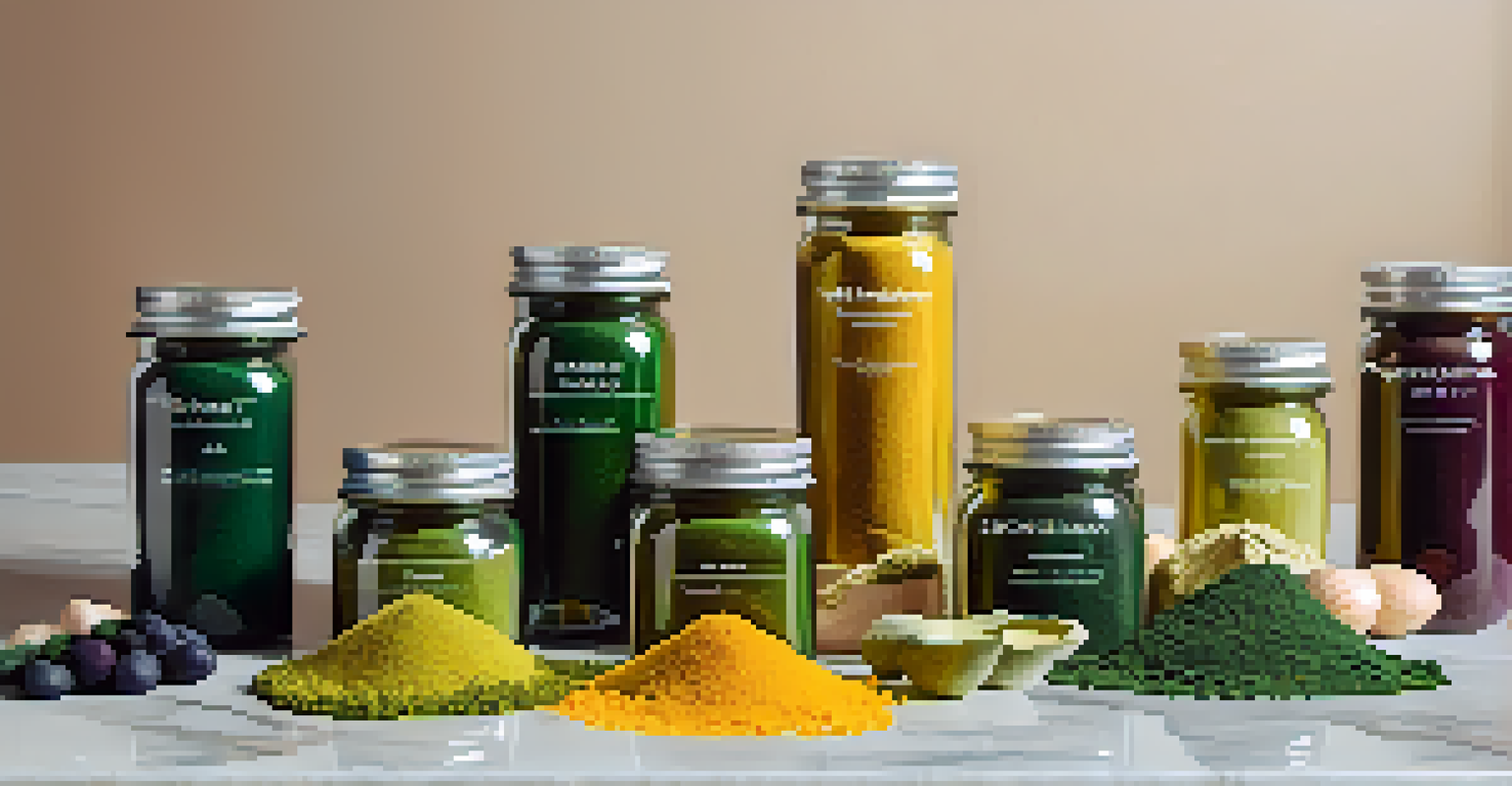 An arrangement of raw superfoods in jars, surrounded by fresh greens and fruits on a marble countertop.
