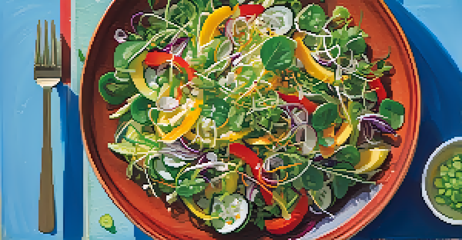 An overhead view of a colorful salad with sprouts and sliced vegetables on a blue plate, accompanied by a fork.