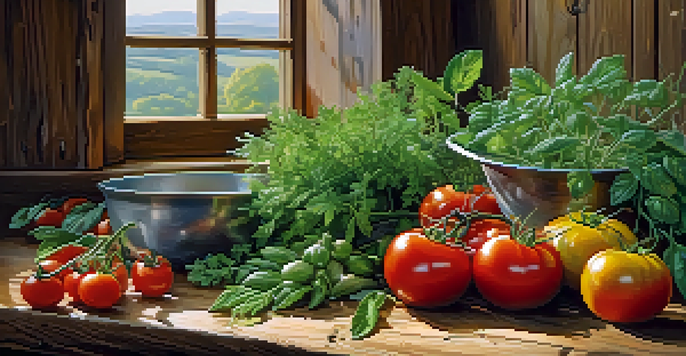 A close-up view of fresh herbs and ripe tomatoes on a wooden table, illuminated by natural sunlight.