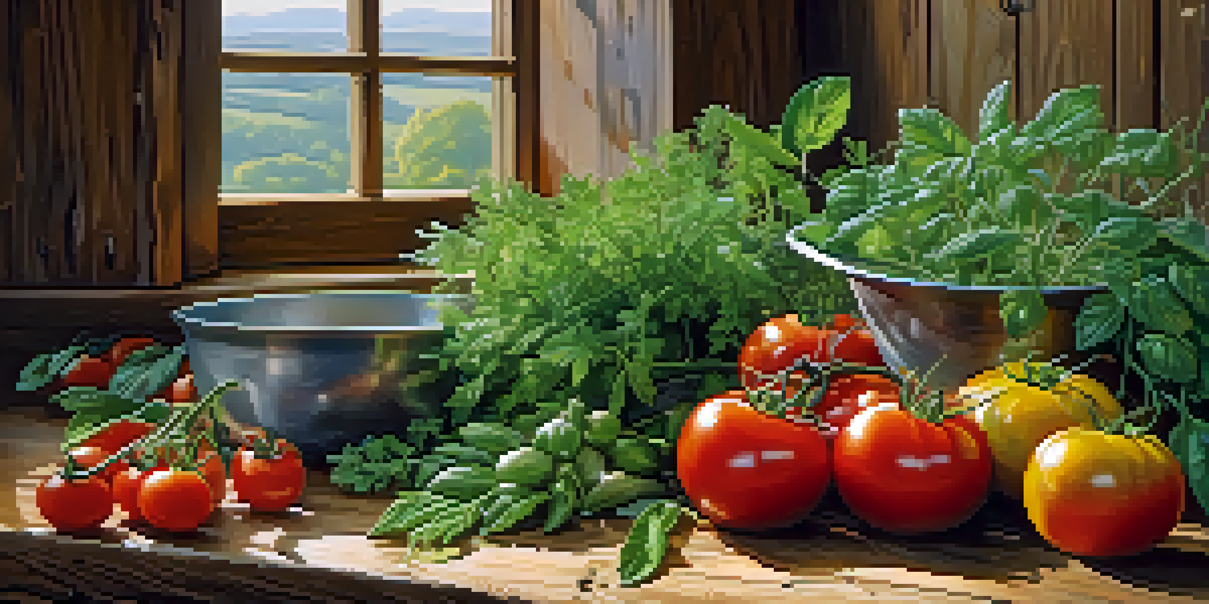 A close-up view of fresh herbs and ripe tomatoes on a wooden table, illuminated by natural sunlight.