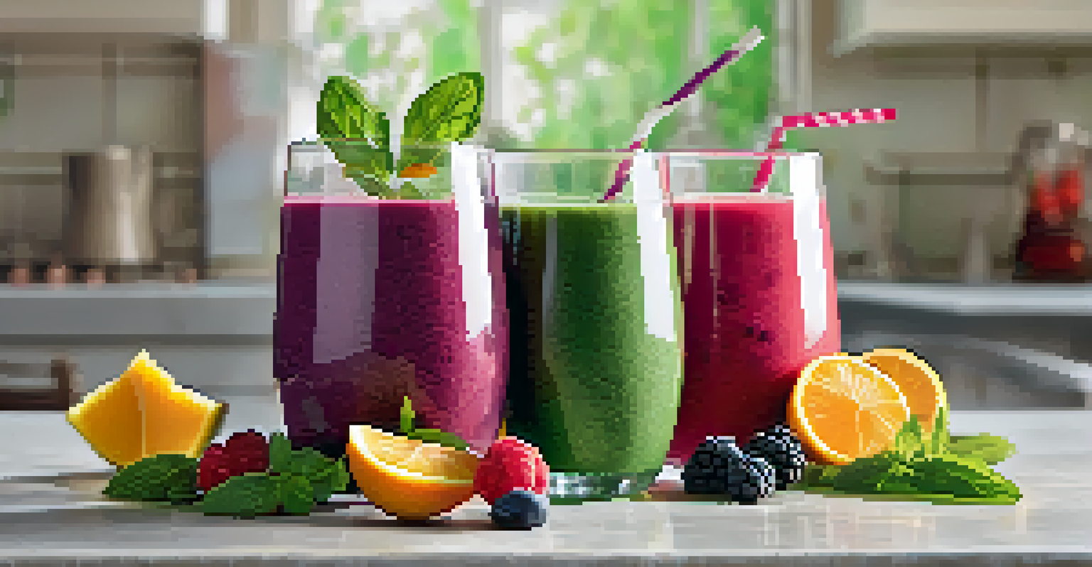 A close-up of a berry spinach smoothie in a clear glass, garnished with berries and mint, in a bright kitchen.