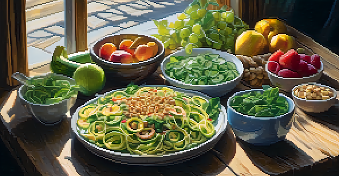 A colorful assortment of raw vegan dishes on a wooden table, including fruits, vegetables, and creative raw pasta.