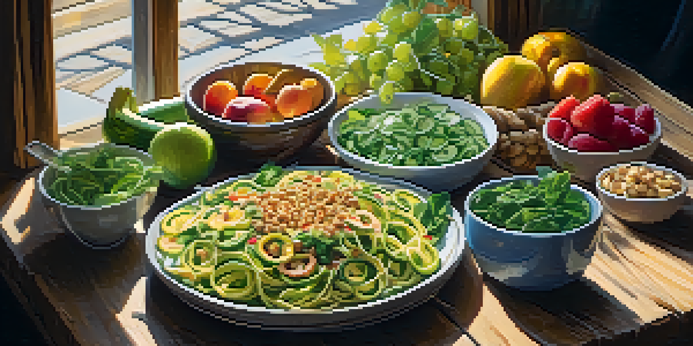 A colorful assortment of raw vegan dishes on a wooden table, including fruits, vegetables, and creative raw pasta.