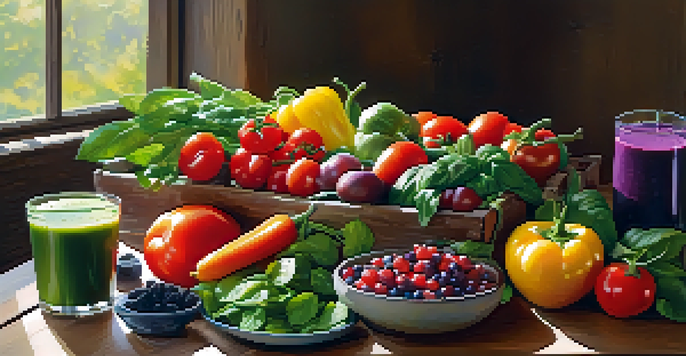 A colorful array of raw fruits and vegetables arranged on a wooden table, with a green smoothie in a glass, illuminated by sunlight.