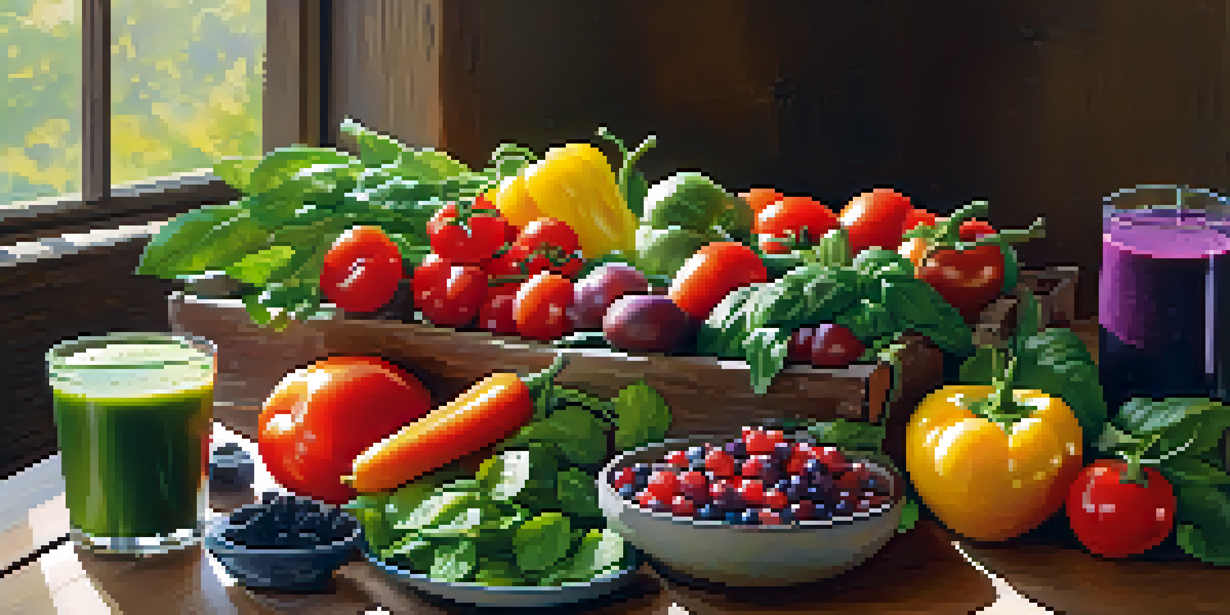 A colorful array of raw fruits and vegetables arranged on a wooden table, with a green smoothie in a glass, illuminated by sunlight.