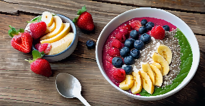 A colorful smoothie bowl with bananas, spinach, berries, and seeds on a wooden table under natural light.