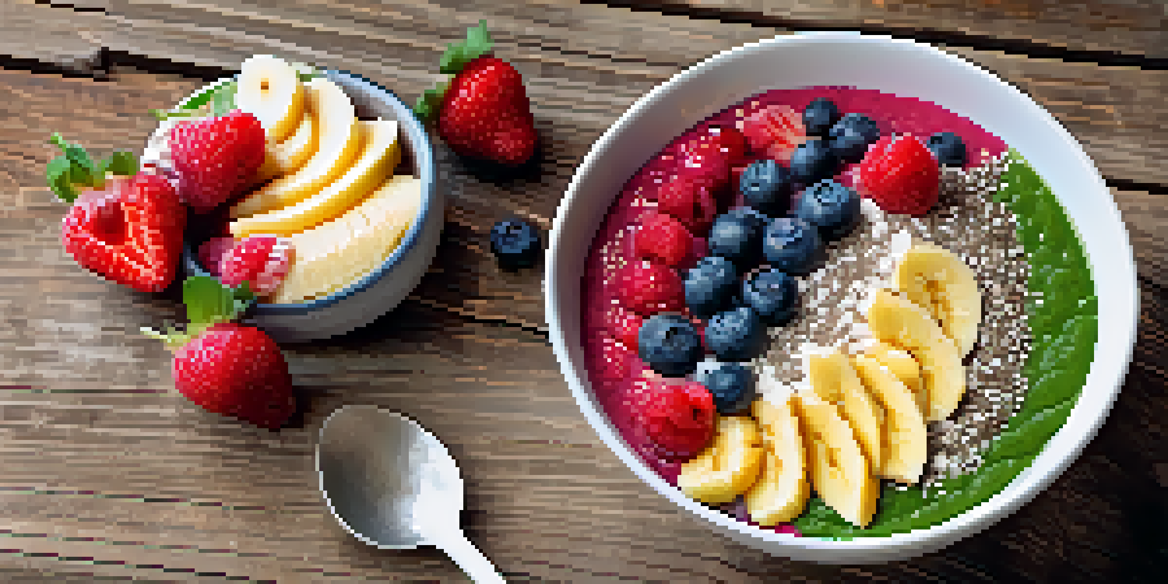 A colorful smoothie bowl with bananas, spinach, berries, and seeds on a wooden table under natural light.