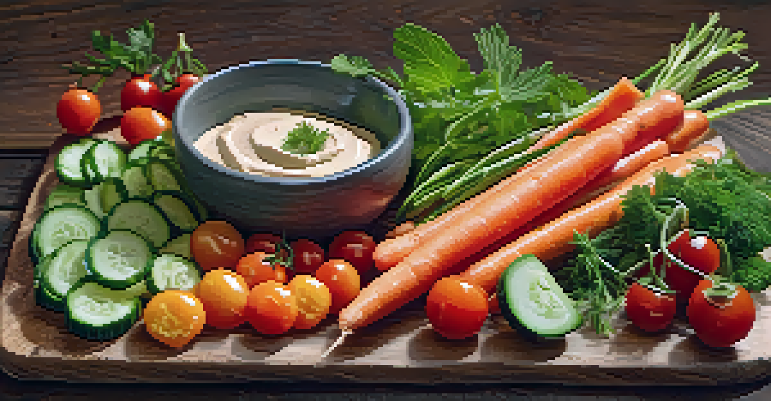A beautifully arranged raw food platter with colorful vegetables and a bowl of hummus on a wooden board, illuminated by natural light.