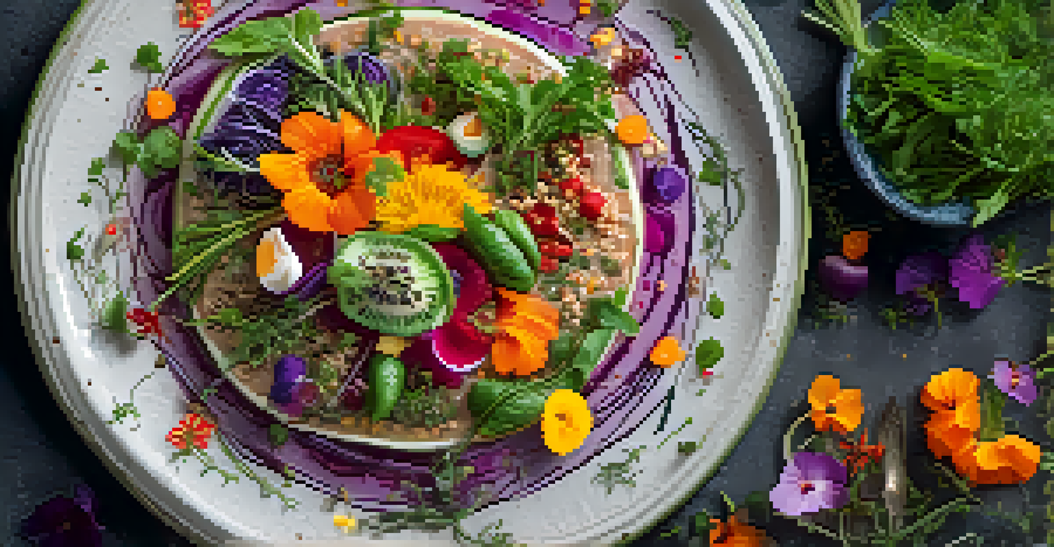 An artistic presentation of a raw vegan dish with colorful ingredients and decorative elements on a plate.