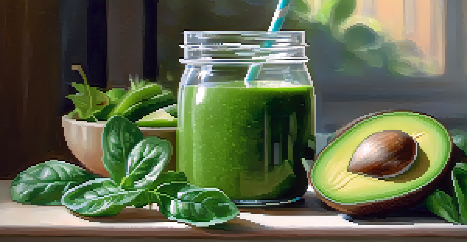 A close-up of a green smoothie in a glass jar, surrounded by fresh spinach, avocado, and kiwi, with a softly blurred background.