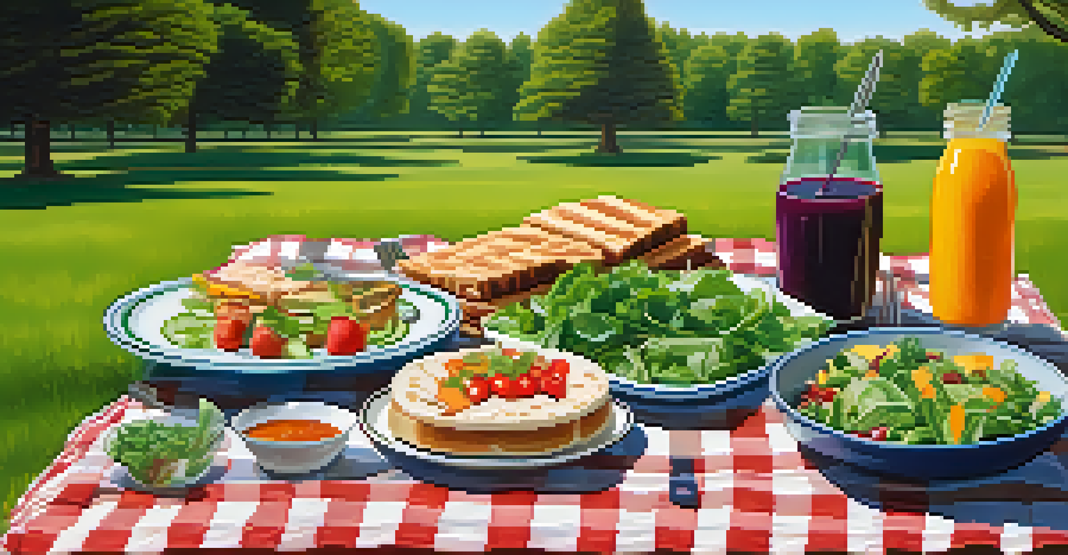 An outdoor picnic setup with an array of raw vegan dishes on a checkered blanket in a sunny park with trees in the background.