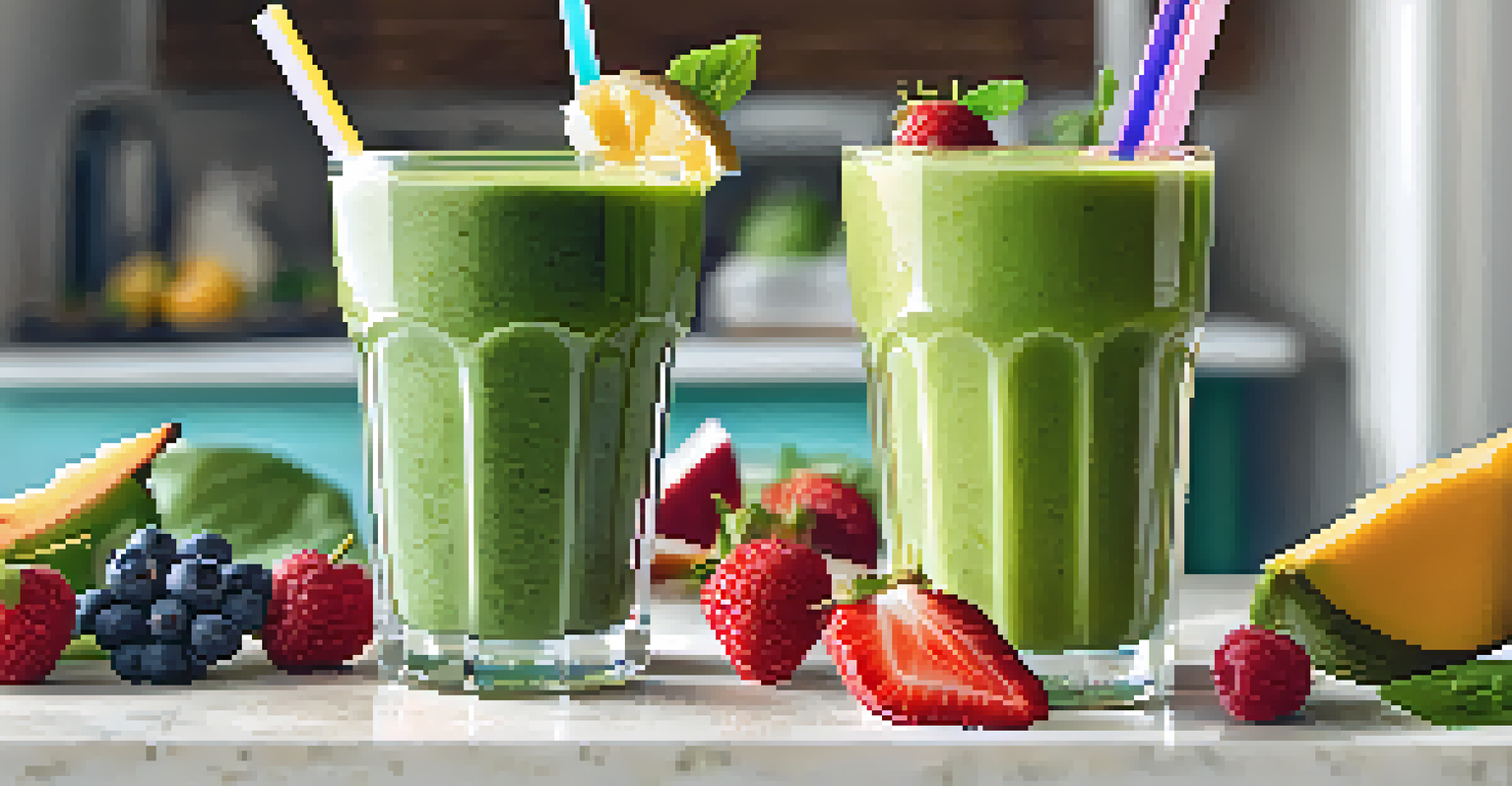 A close-up of a vibrant green smoothie in a glass, garnished with fresh fruits and a colorful straw.
