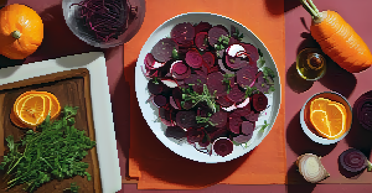 A raw salad of sliced carrots and beets dressed with lemon and olive oil, displayed with autumn colors in the background.