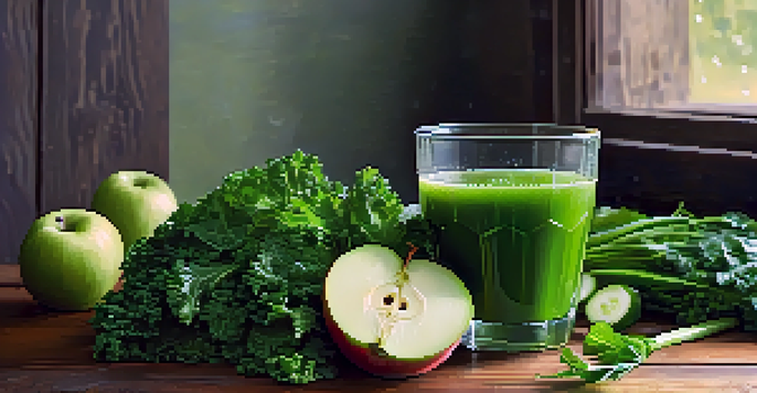 A bright green juice in a glass on a wooden table, surrounded by fresh vegetables and fruits.