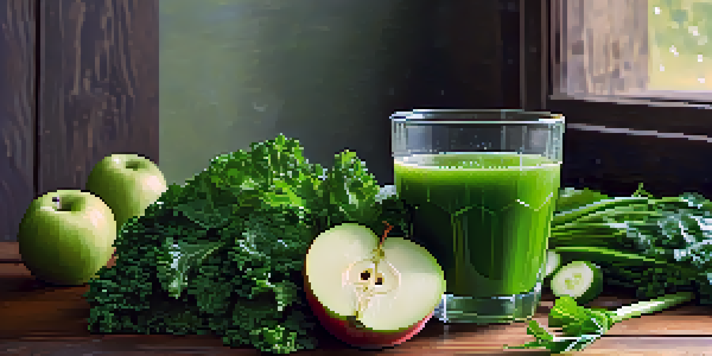A bright green juice in a glass on a wooden table, surrounded by fresh vegetables and fruits.