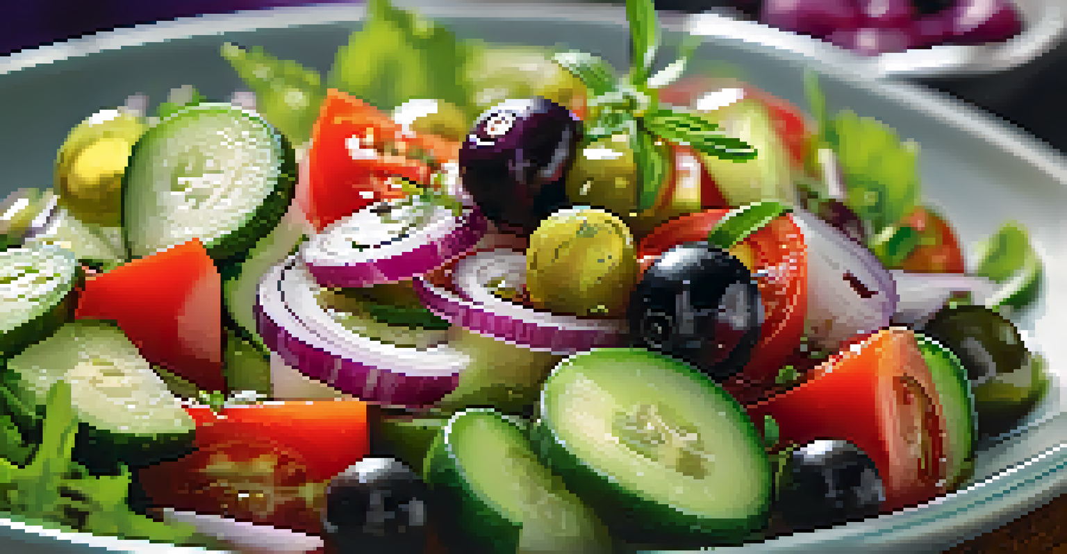 A close-up of a colorful Greek salad with fresh vegetables and olive oil.