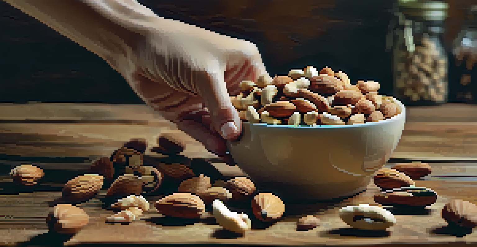 A close-up of a hand reaching for a handful of mixed nuts with a blurred background of dried fruits and seeds.