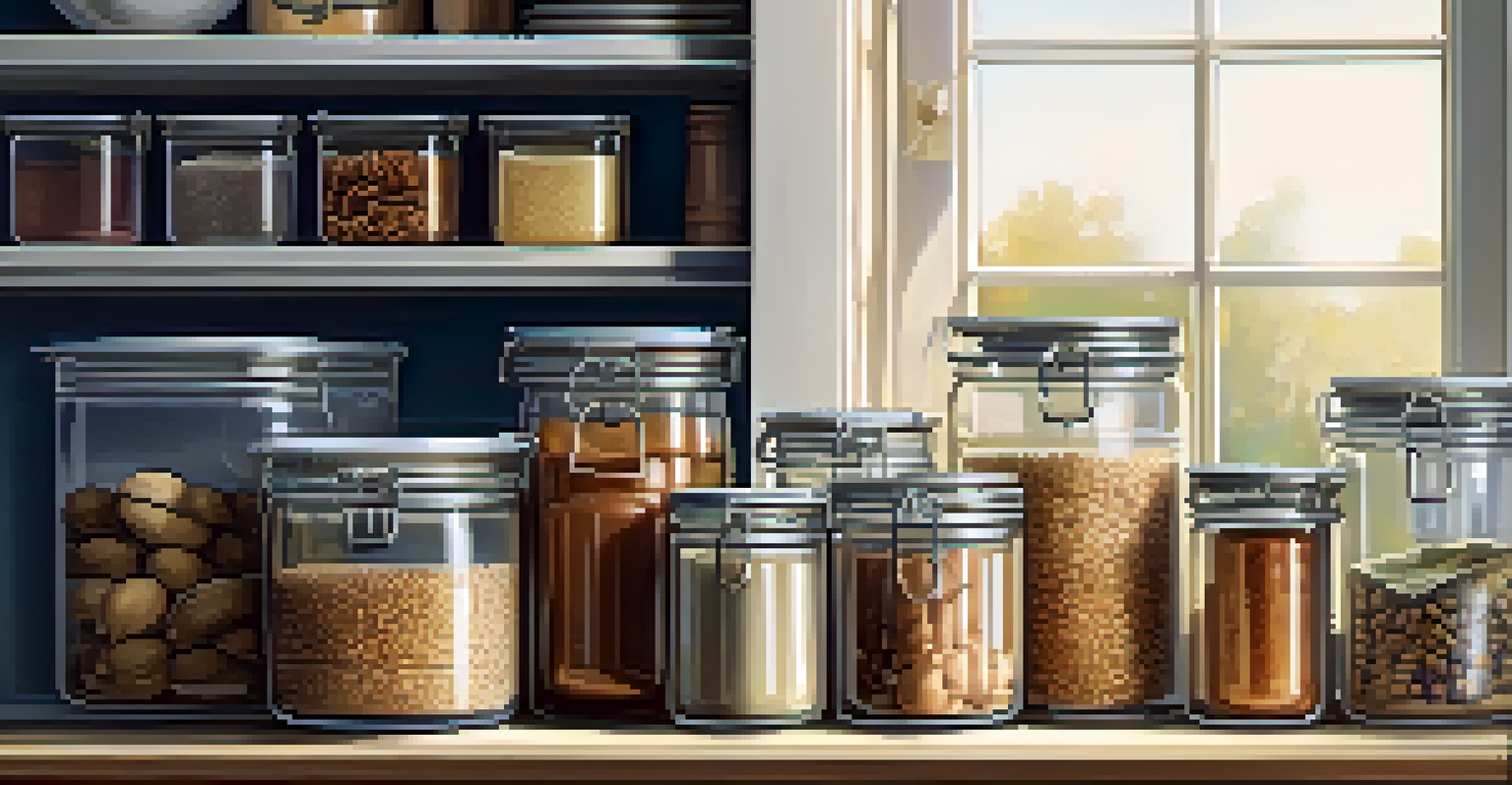 A tidy kitchen pantry with labeled glass jars and containers, illuminated by soft natural light, highlighting cleanliness.