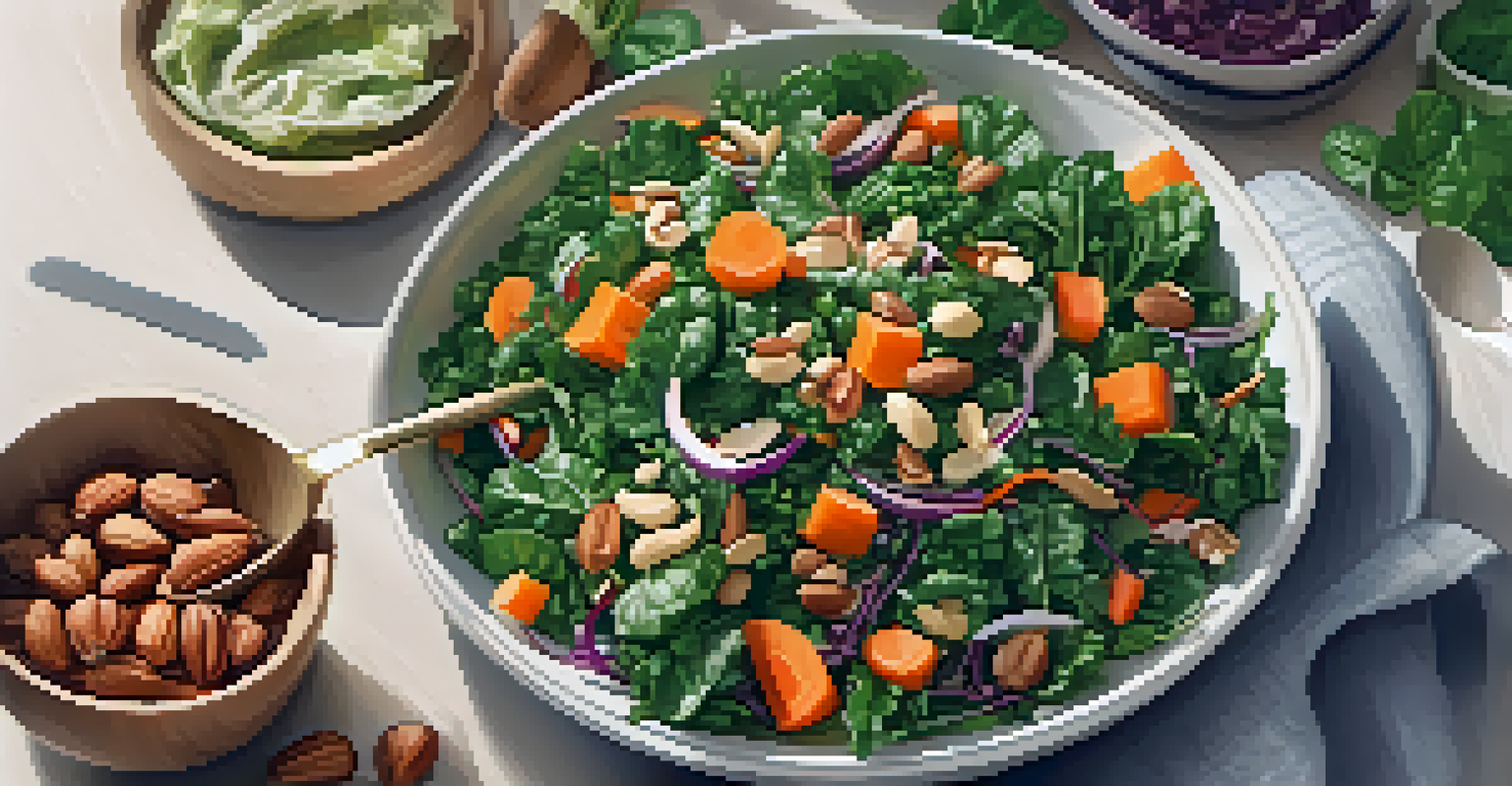 A colorful salad with kale, spinach, carrots, and nuts in a bowl, with a wooden spoon beside it, set in a sunlit kitchen.