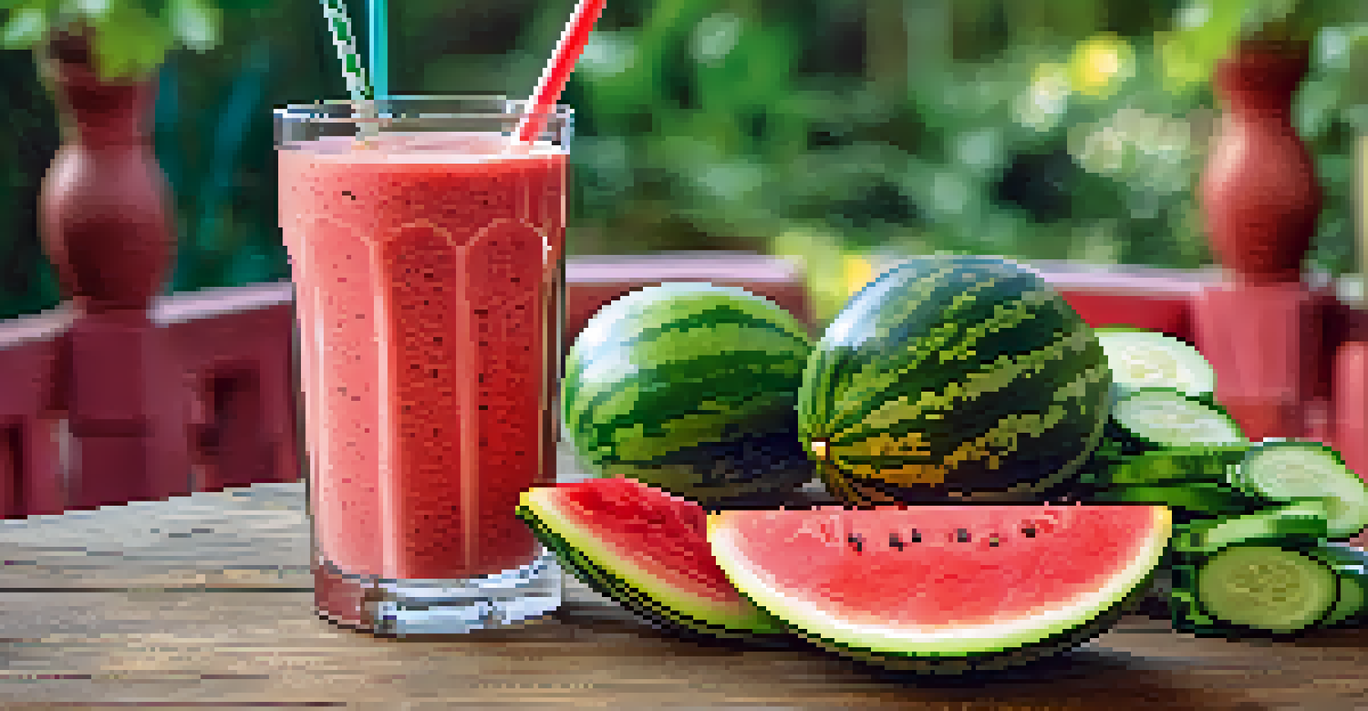 A glass of raw food smoothie next to slices of watermelon and cucumber, set against a backdrop of a green garden.