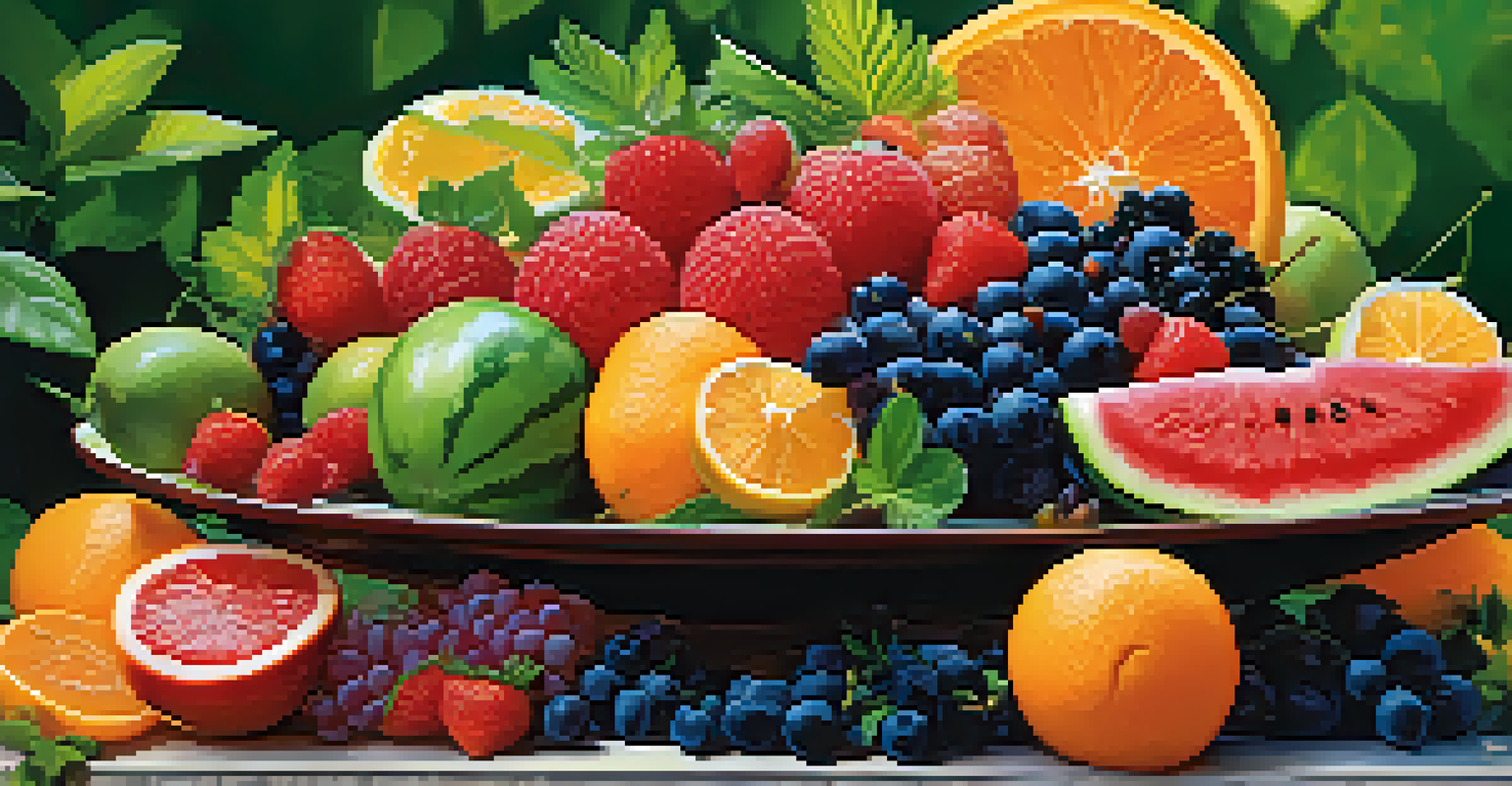 An assortment of fresh fruits including watermelon, oranges, and strawberries arranged on a platter against green leaves.