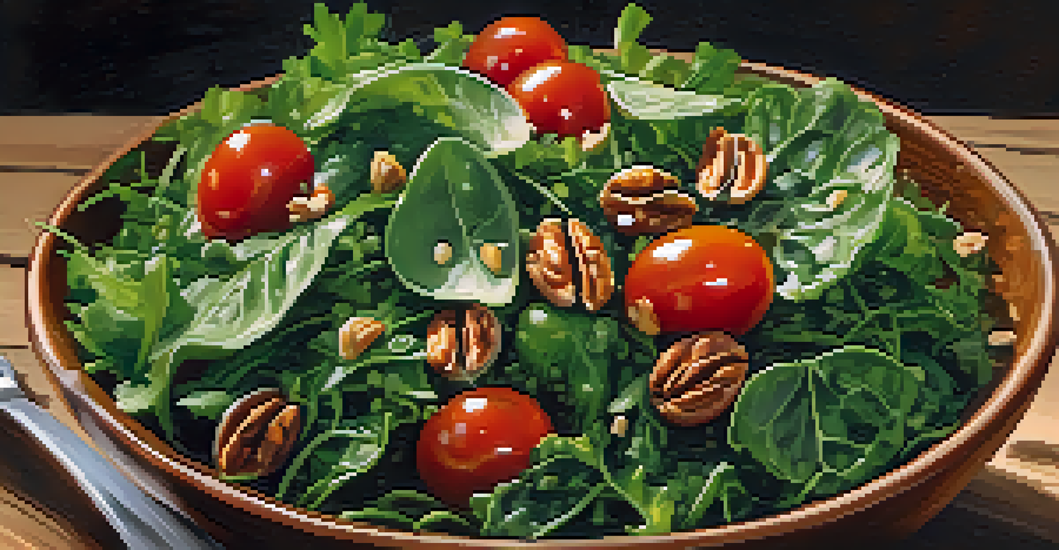 A healthy salad with greens, cherry tomatoes, and walnuts in a rustic bowl, surrounded by raw nuts on a wooden surface.