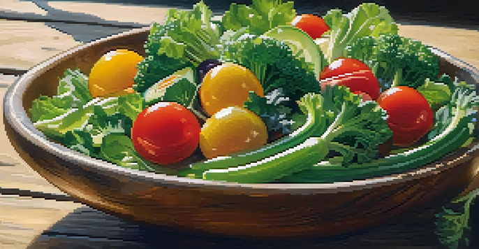 A colorful salad bowl containing fresh raw vegetables and lightly steamed broccoli, illuminated by natural sunlight.