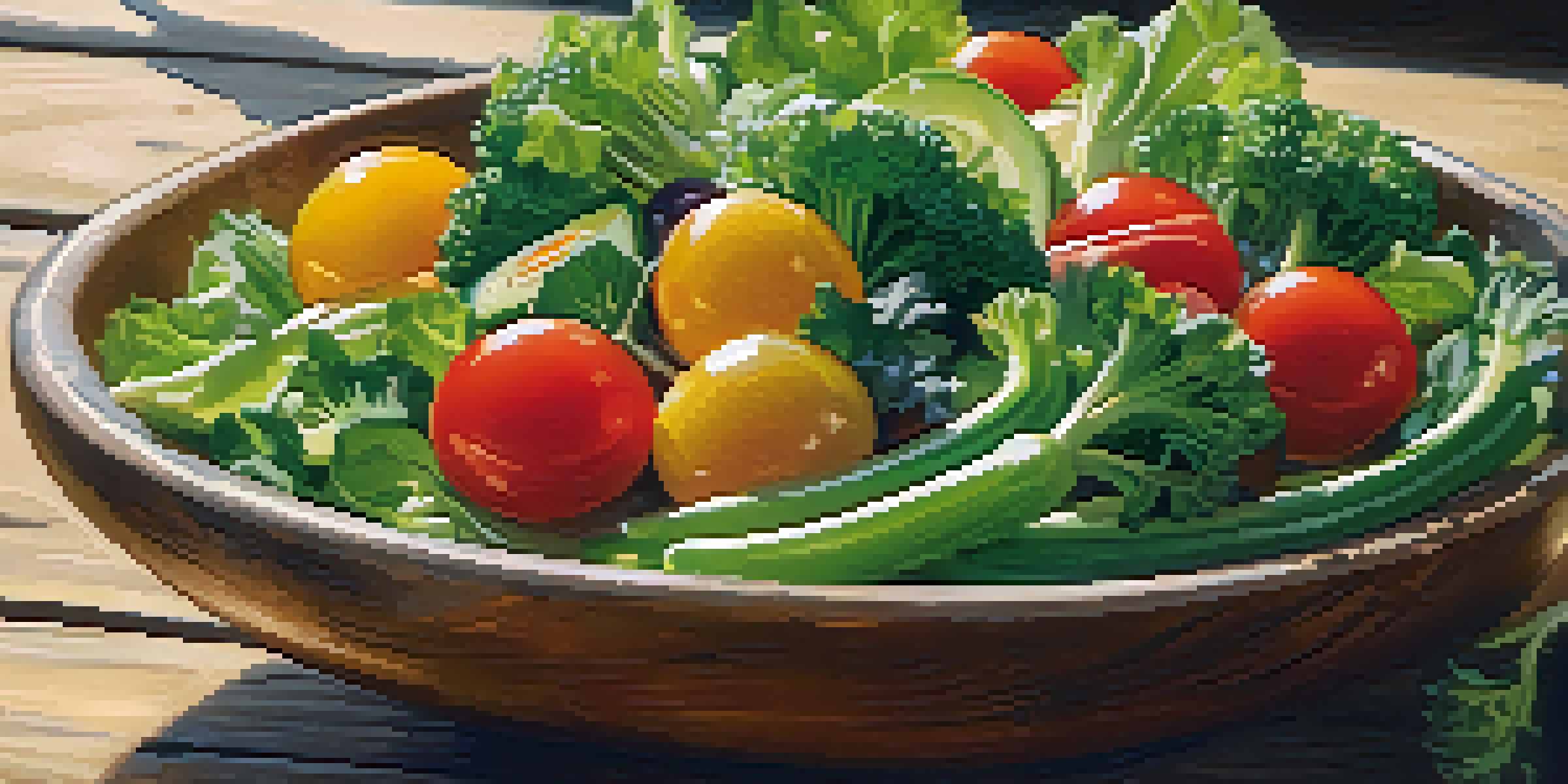 A colorful salad bowl containing fresh raw vegetables and lightly steamed broccoli, illuminated by natural sunlight.