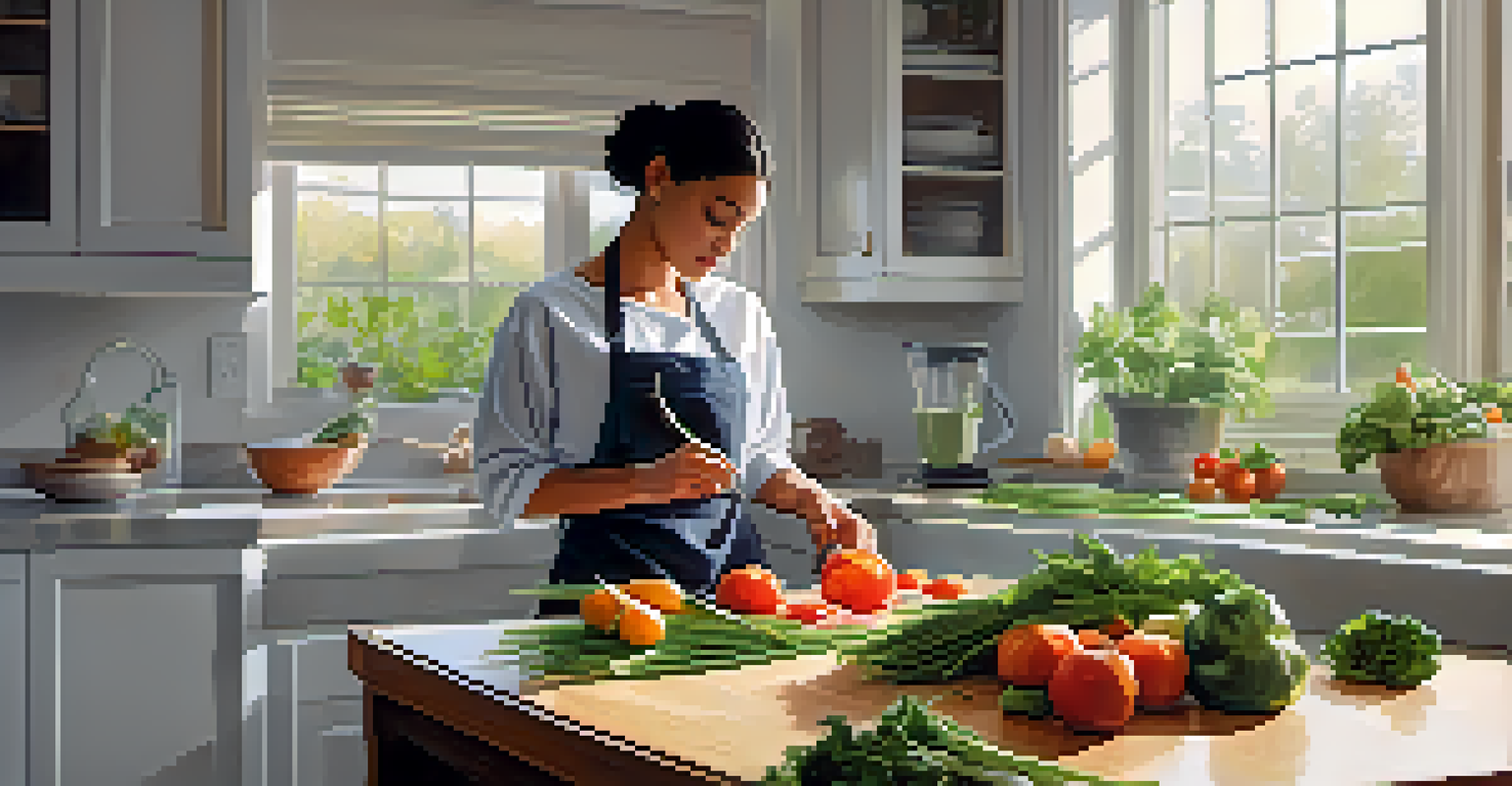 A person preparing a raw food meal in a serene kitchen, surrounded by fresh organic produce, illuminated by soft natural light.