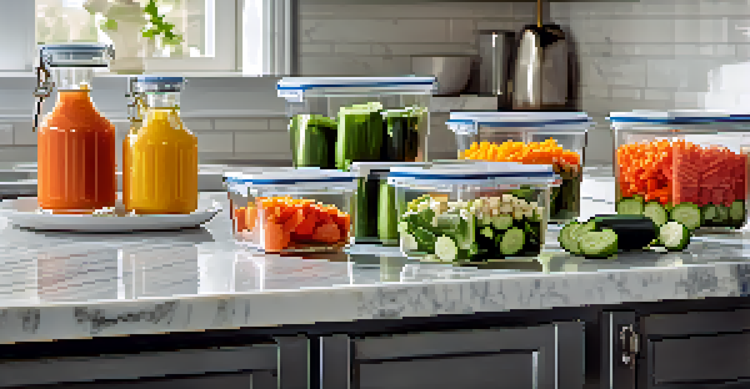 An organized display of chopped raw vegetables in glass containers on a marble countertop, with a bowl of dressing beside them.
