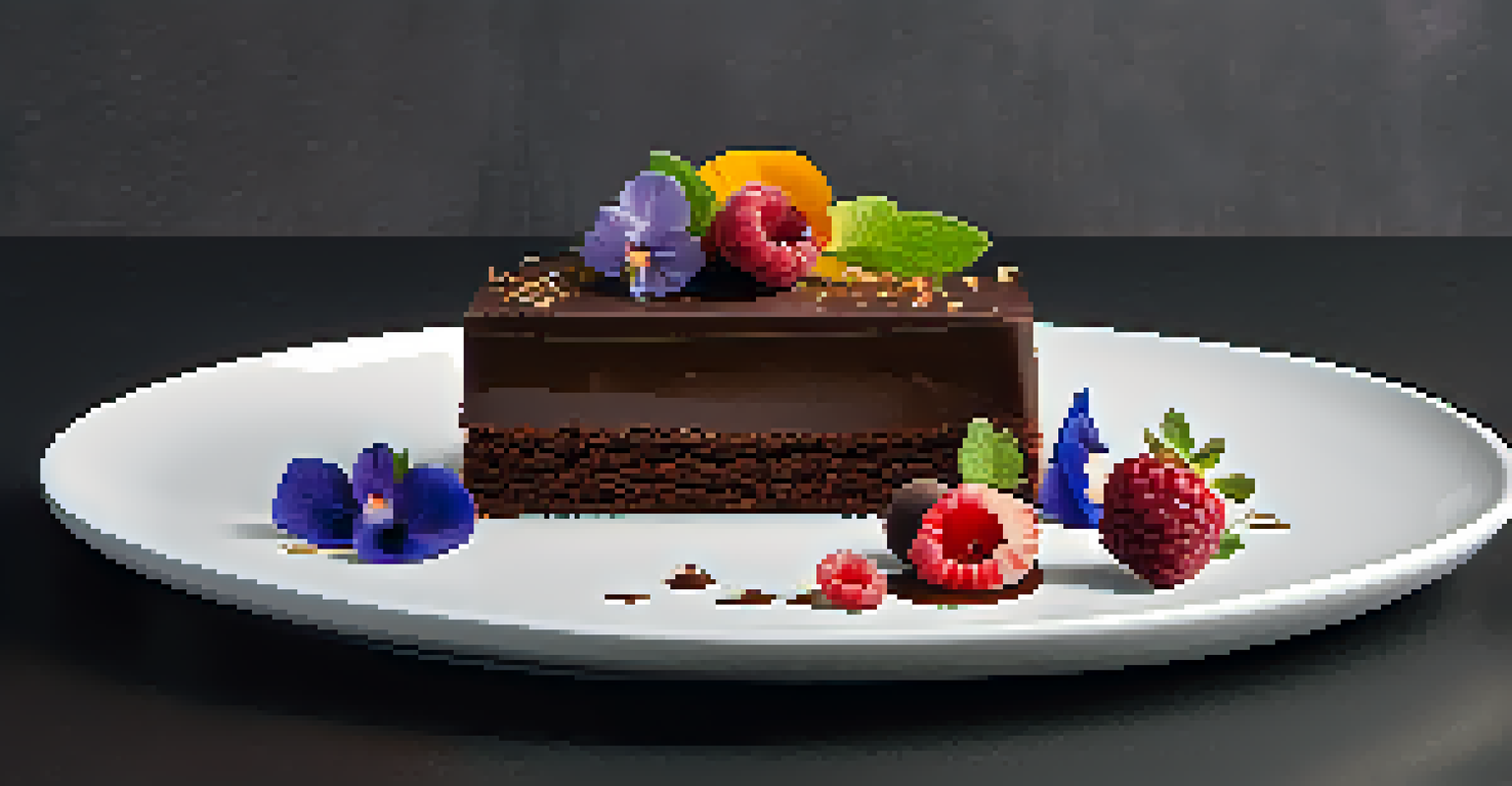 A raw chocolate cake garnished with berries and flowers on a white plate, set against a dark background.