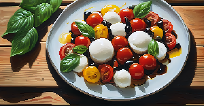 A colorful Caprese salad with mozzarella, tomatoes, and basil on a wooden table, highlighted by natural light.