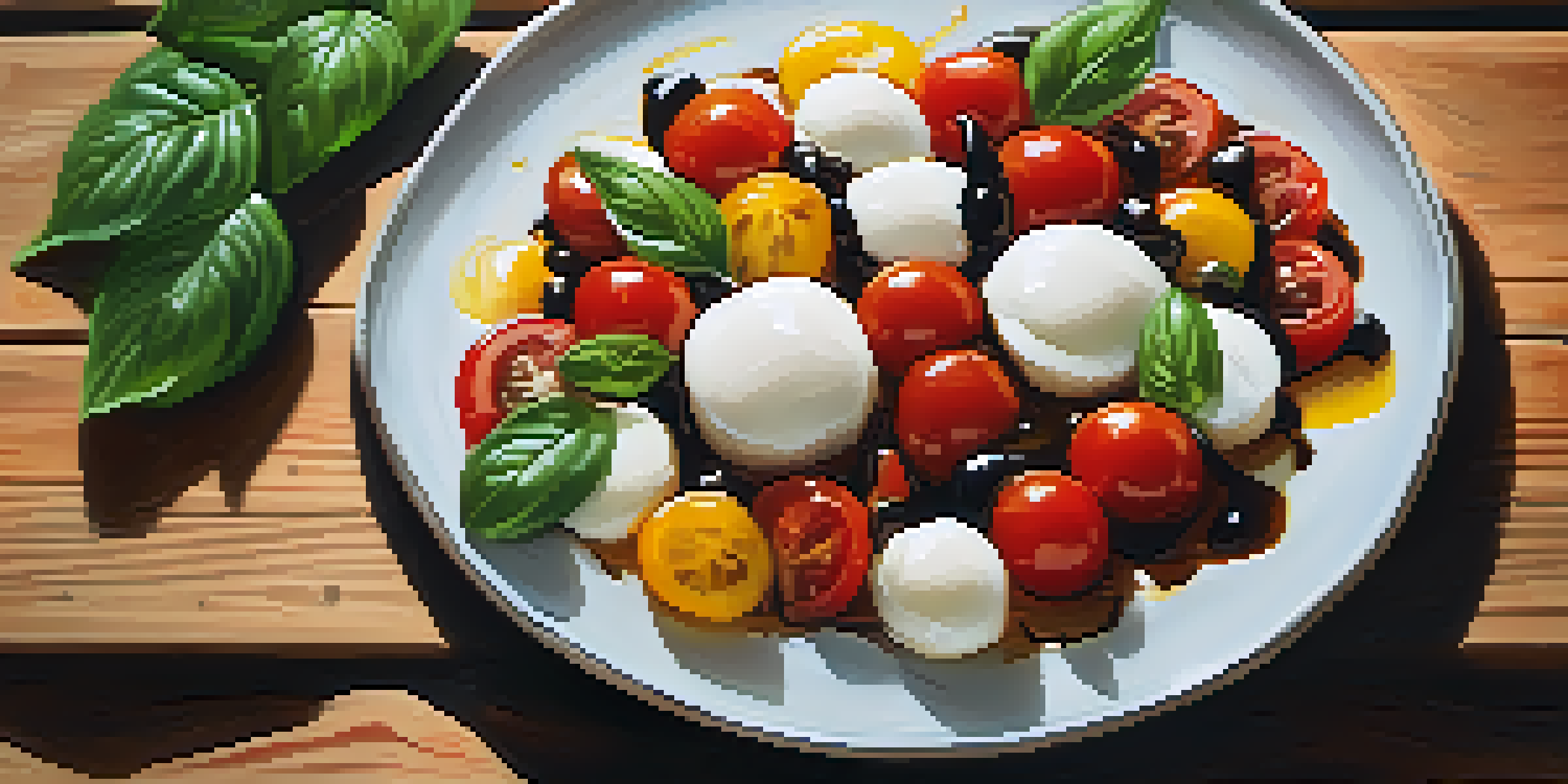 A colorful Caprese salad with mozzarella, tomatoes, and basil on a wooden table, highlighted by natural light.