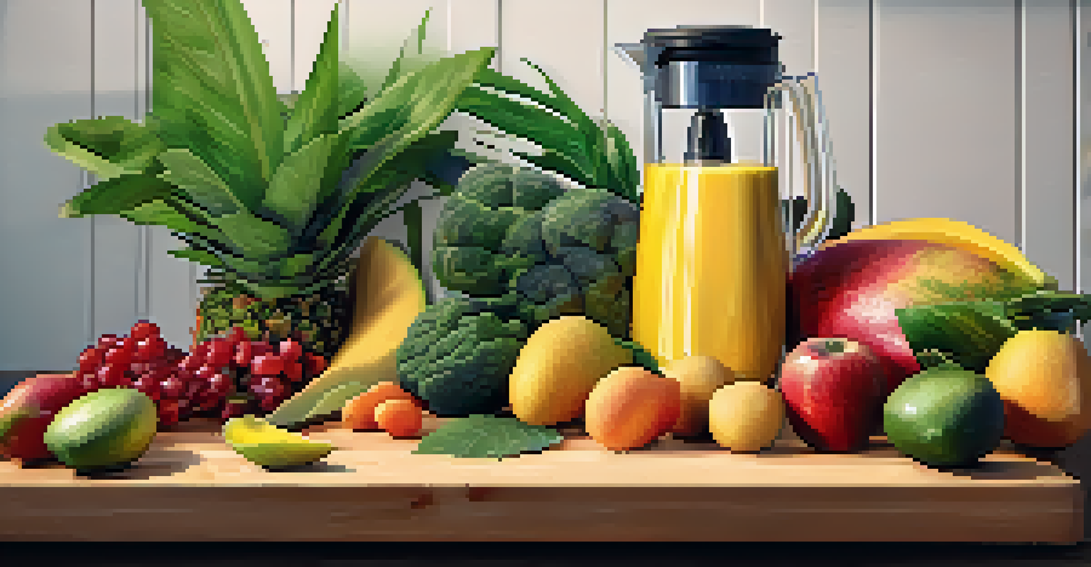 A wooden cutting board with a variety of colorful fruits and vegetables, a blender in the background, illuminated by soft natural light.