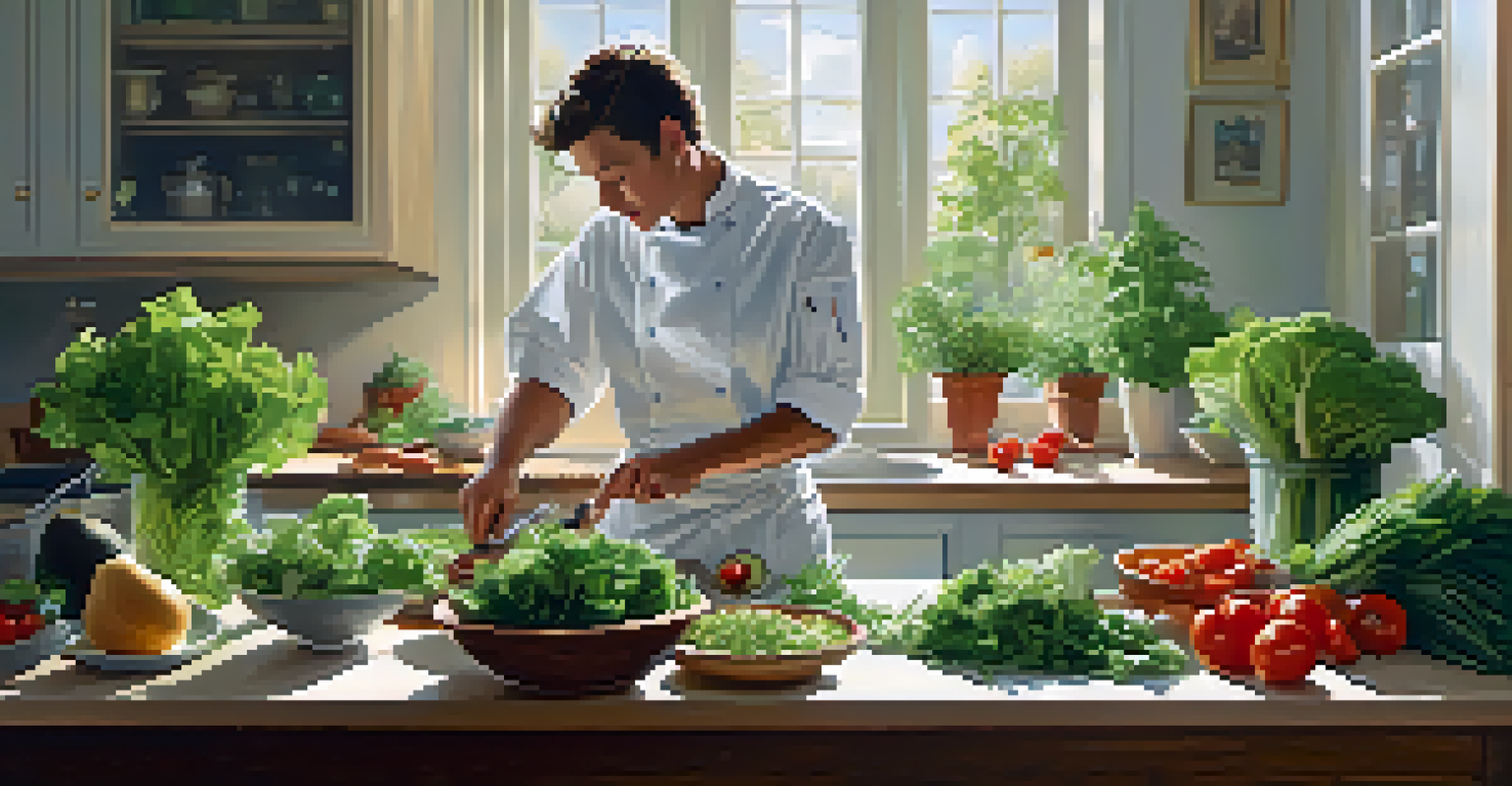 A chef chopping fresh vegetables for a raw salad in a bright kitchen, with herbs on the windowsill.