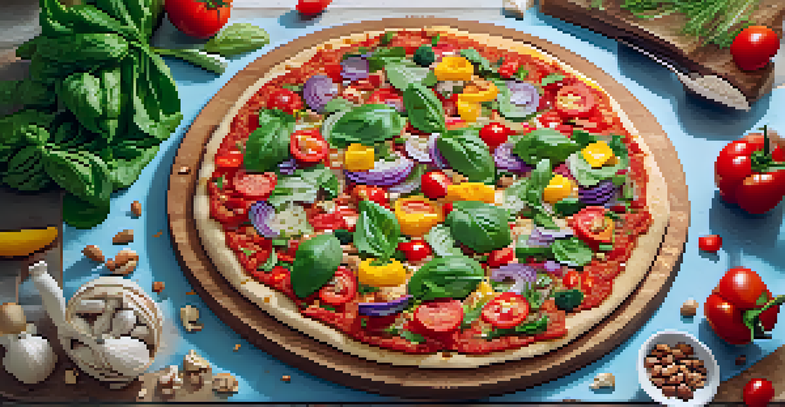 A raw pizza on a wooden board, topped with fresh vegetables and nuts, showcasing a colorful and healthy meal.