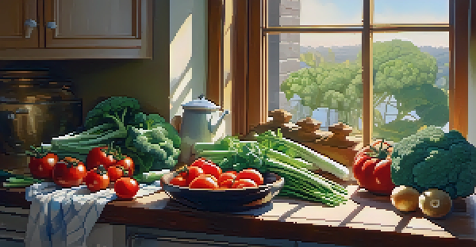 A colorful kitchen with fresh vegetables like broccoli and spinach on a wooden countertop, with sunlight streaming through a window and a steaming pot in the background.
