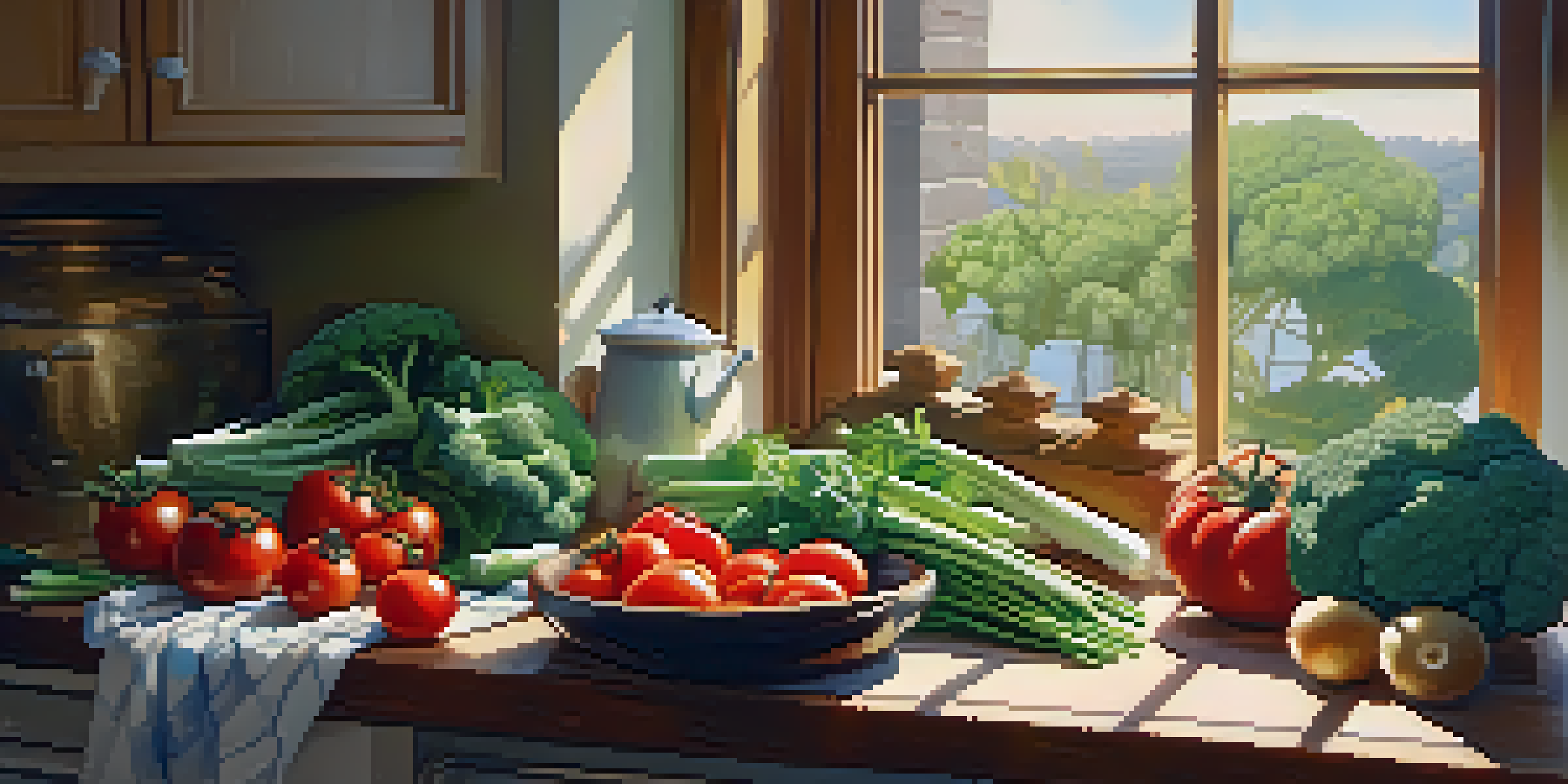 A colorful kitchen with fresh vegetables like broccoli and spinach on a wooden countertop, with sunlight streaming through a window and a steaming pot in the background.