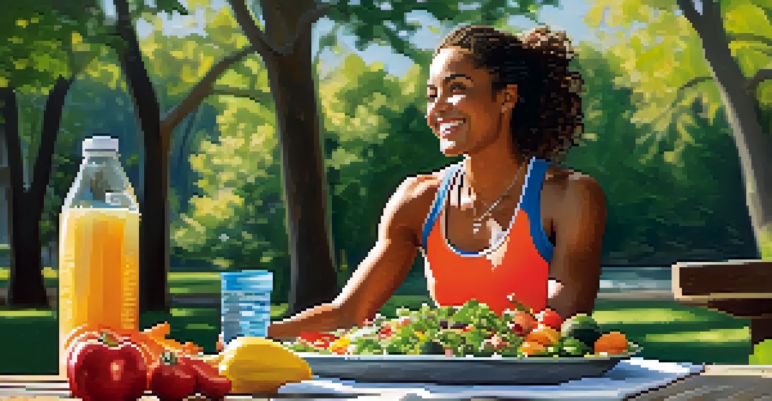 An athlete sitting at a picnic table enjoying a raw food meal after a workout, with a colorful salad and a water bottle nearby.