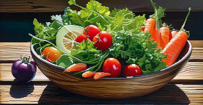 A colorful salad bowl with fresh vegetables like greens, tomatoes, and cucumbers on a wooden table, illuminated by sunlight.