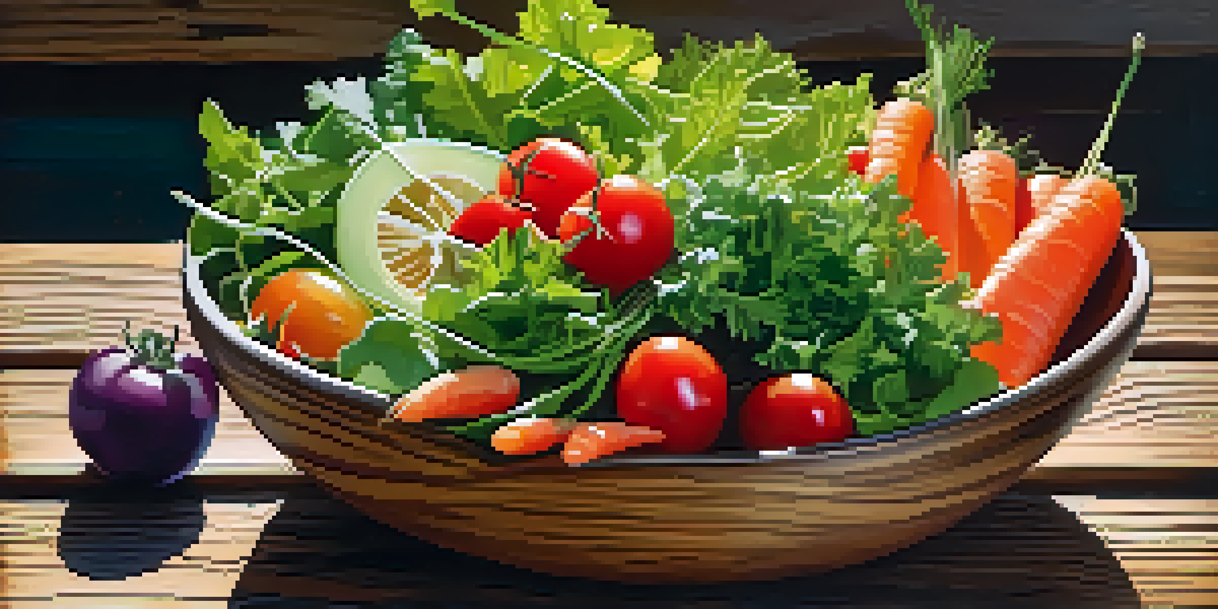 A colorful salad bowl with fresh vegetables like greens, tomatoes, and cucumbers on a wooden table, illuminated by sunlight.
