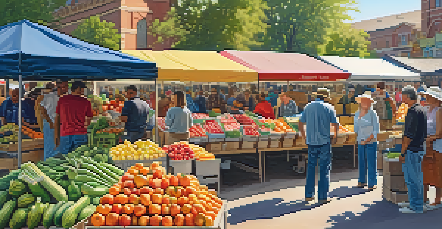 A lively farmer's market with colorful fruits and vegetables and vendors interacting with shoppers.