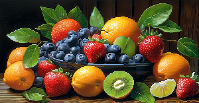 A vibrant arrangement of fresh fruits rich in Vitamin C, including oranges, kiwifruit, strawberries, and blueberries on a wooden table.