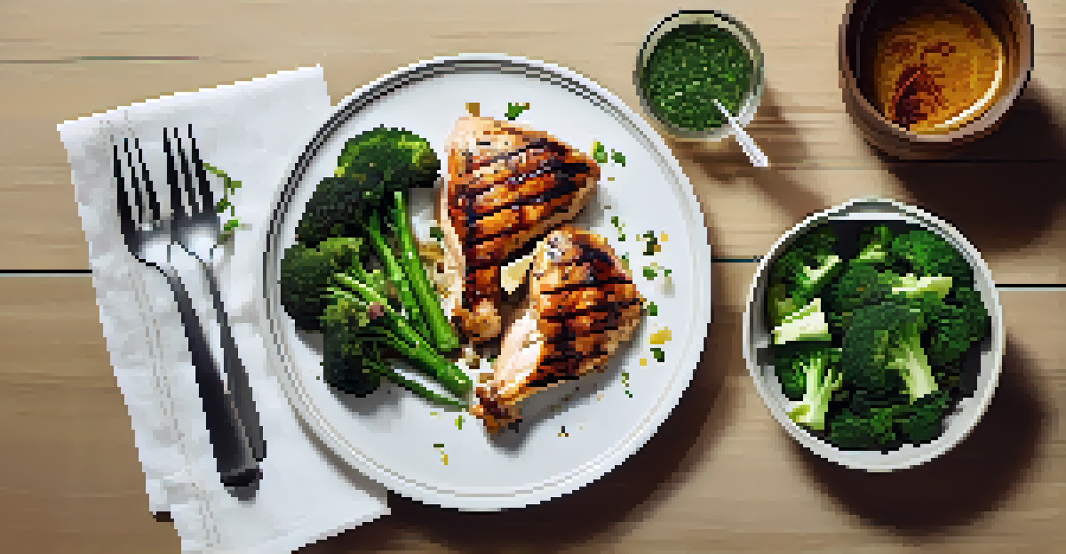 A plate with grilled chicken, quinoa, and steamed broccoli, presented on a white table with bright lighting, showcasing the meal's textures and colors.