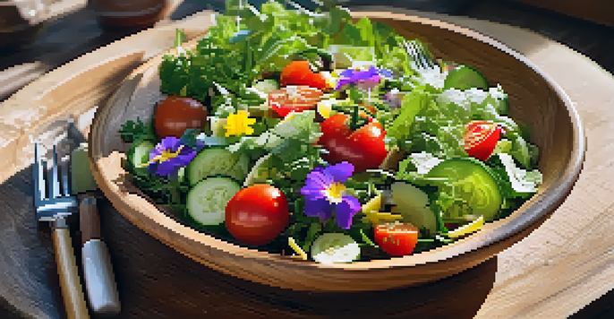A colorful summer salad in a wooden bowl with greens, tomatoes, cucumbers, and herbs, illuminated by sunlight.