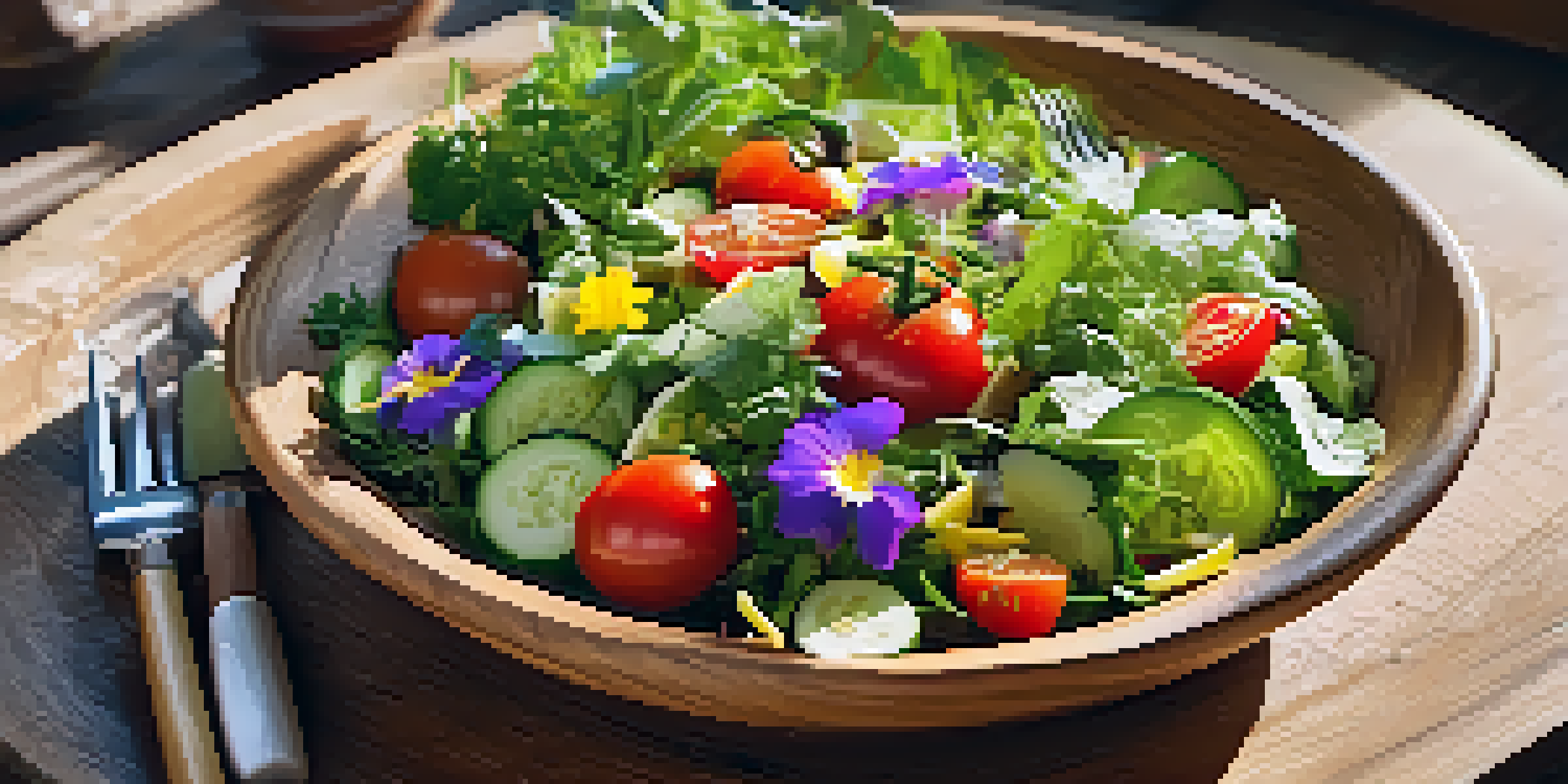 A colorful summer salad in a wooden bowl with greens, tomatoes, cucumbers, and herbs, illuminated by sunlight.