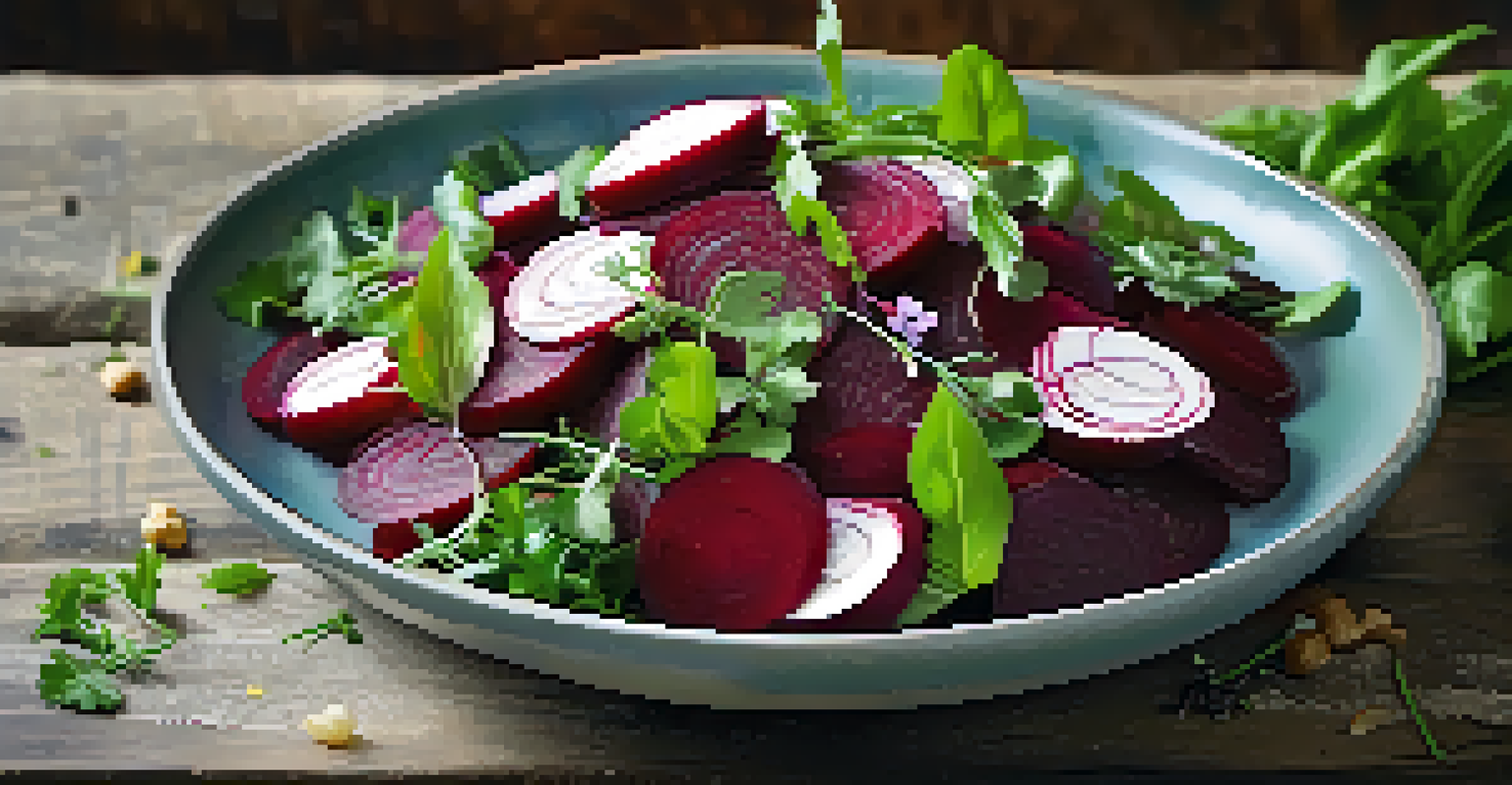 A close-up of a colorful beetroot salad with fresh herbs and edible flowers in a rustic bowl.