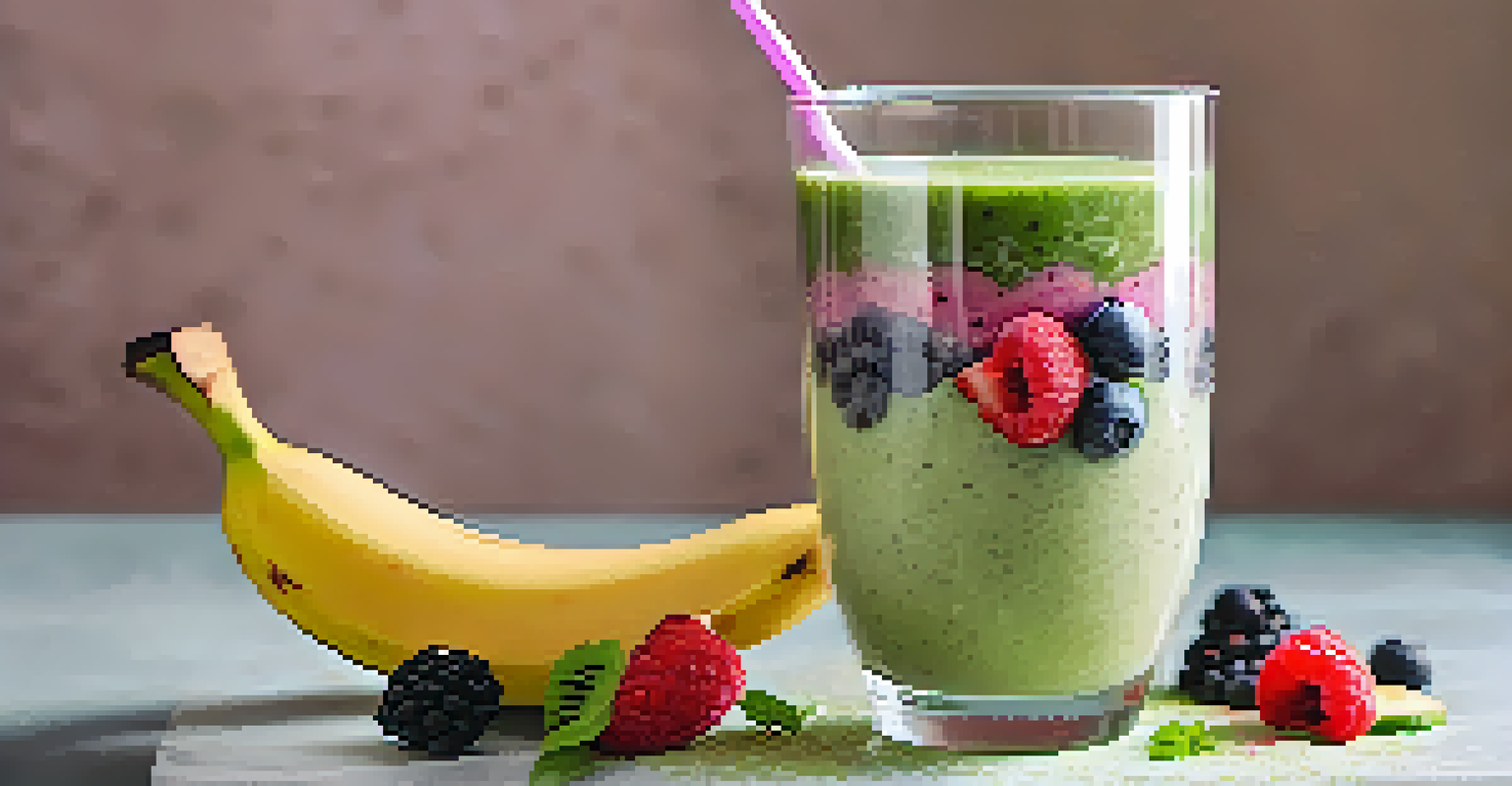 A close-up of a colorful raw smoothie in a glass, layered with bananas, berries, and leafy greens, topped with chia seeds.